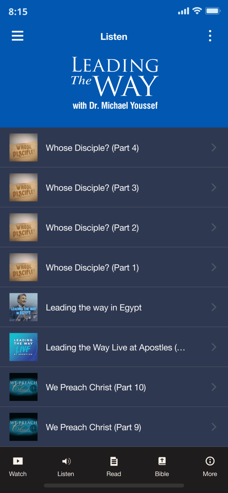 iPhone screen with a list of sermons from the Leading The Way app pulled up