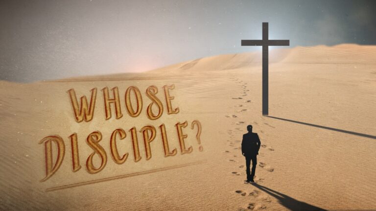 The words Whose Disciple are shown in sand with a man and a cross