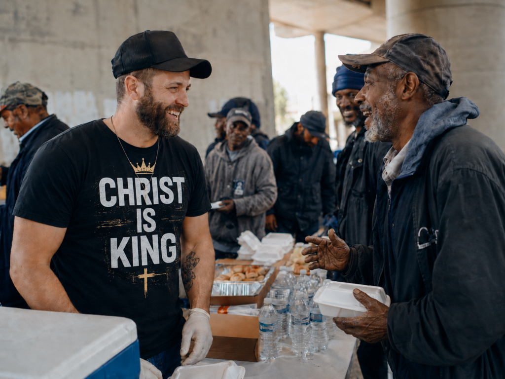 Church volunteer wearing a “Christ Is King” shirt shares food and conversation with homeless men during an outreach under an overpass.