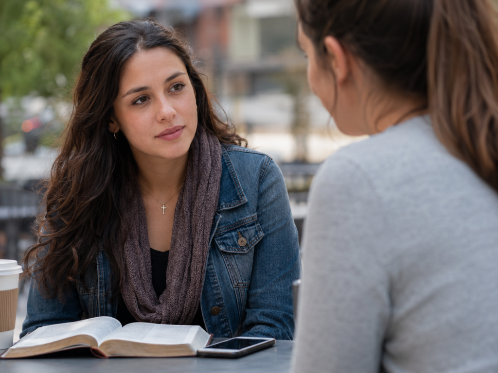 Christian woman with an open Bible listens thoughtfully during a conversation in a public setting.