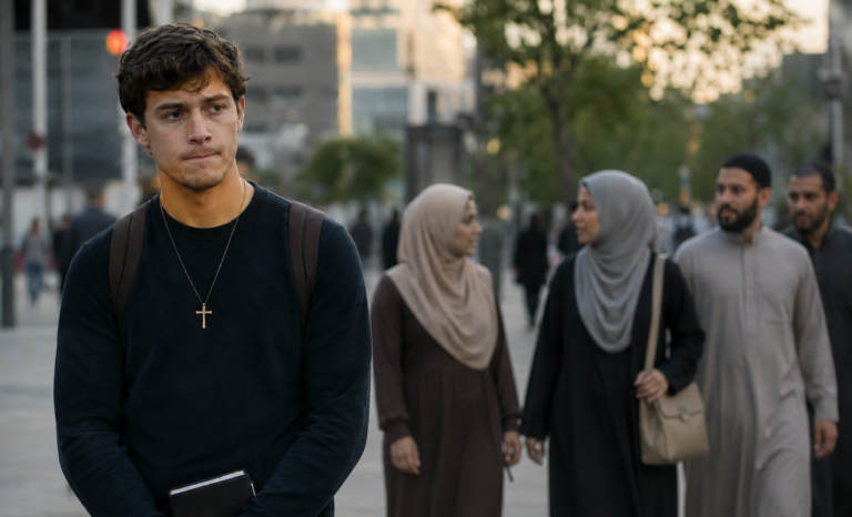 Christian man wearing a cross necklace hesitates while holding a Bible as Muslims walk past him on a city sidewalk.