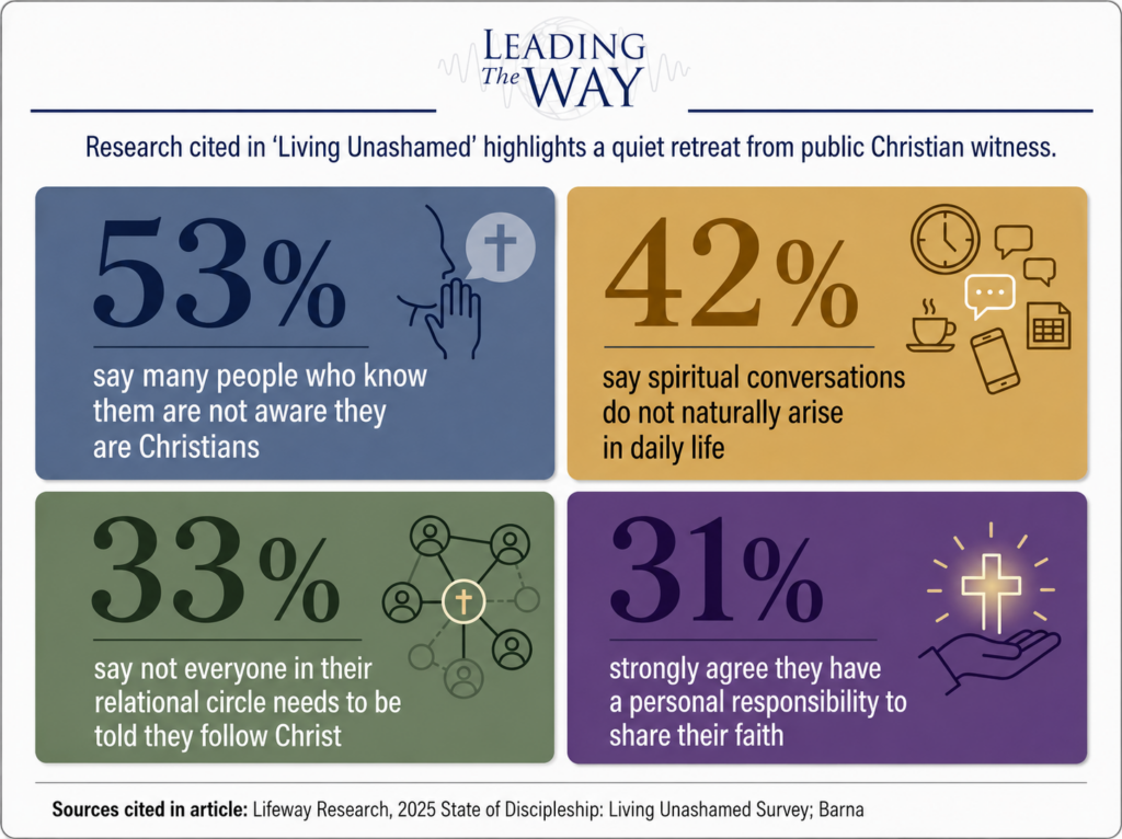 Infographic showing survey statistics about silent Christian witness, including how many churchgoers say others may not know they are Christians or that spiritual conversations do not naturally arise.