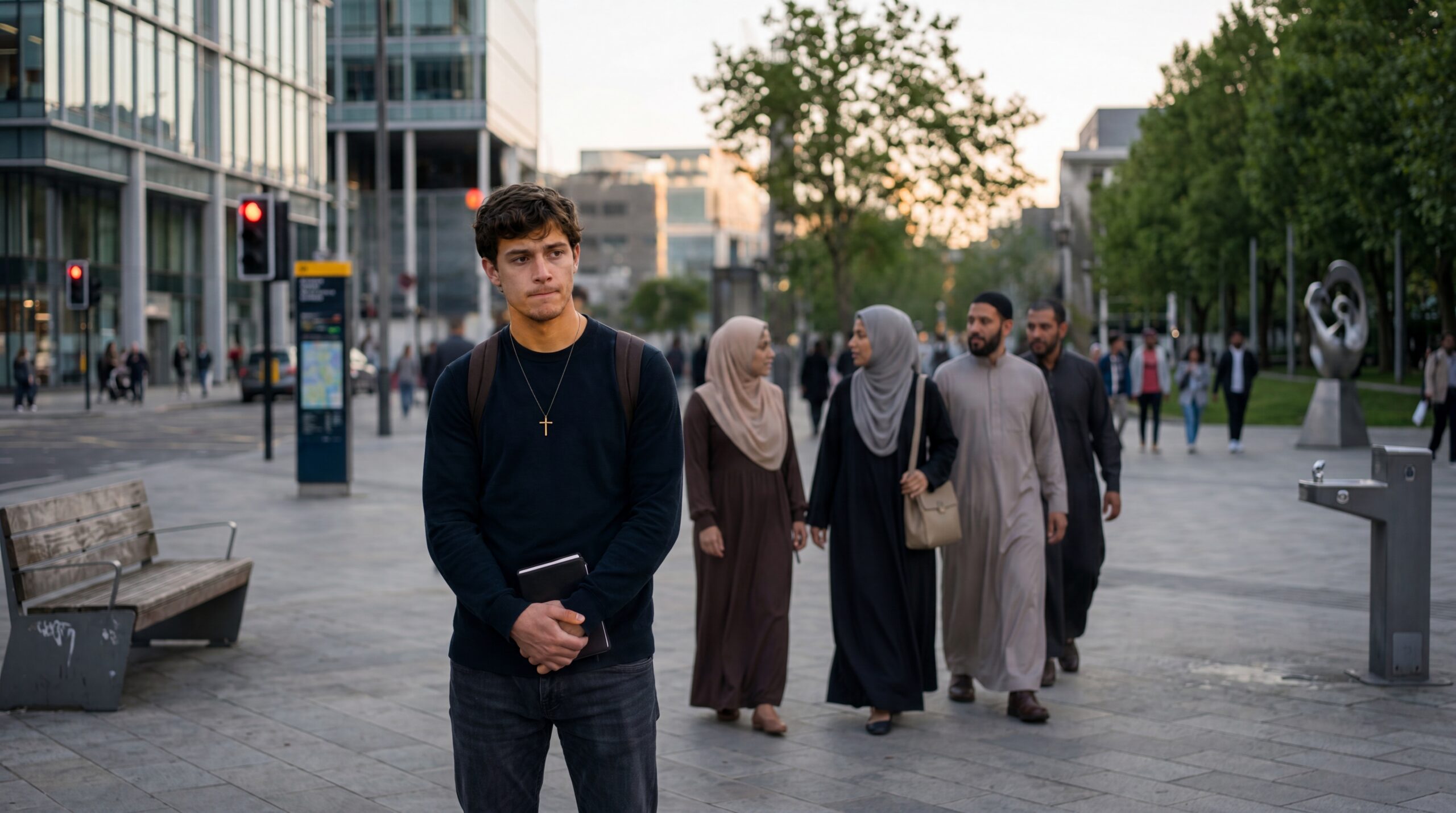 Christian man wearing a cross necklace hesitates while holding a Bible as Muslims walk past him on a city sidewalk.