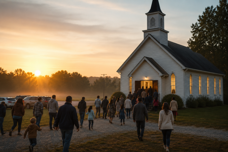 Crowed of people walking towards a church at sunrise
