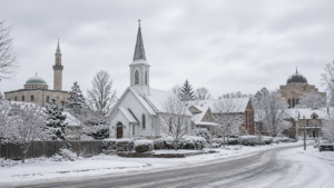 A canadian neighborhood with a small white church in the center surrounded by large pagan worship temples