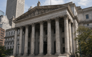 NY Civic Center with visible cracks in it's pillars